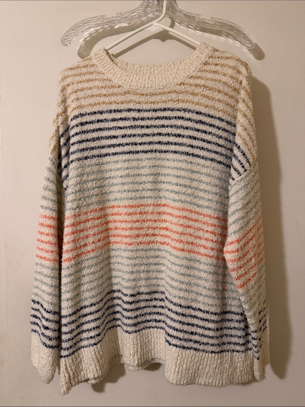 Pink Clover Cream Striped Crewneck Sweater with Navy & Coral Accents